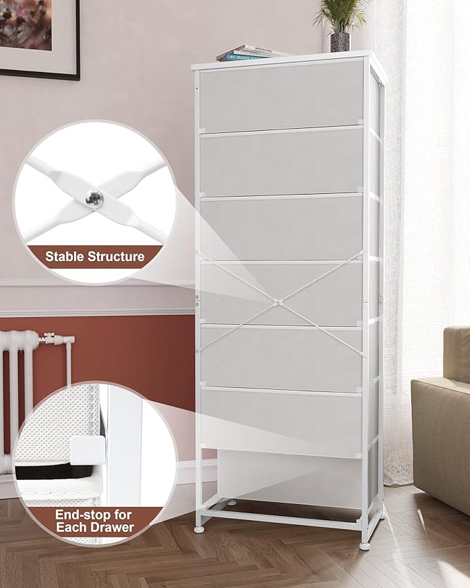 Crestlive Products Tall Dresser, 7-Drawer Fabric Storage Tower, Chests of Drawers - Vertical Organizer Unit for Bedroom, Hallway, Entryway, Nursery, Closets - Steel Frame, Wood Top & Handles (White)