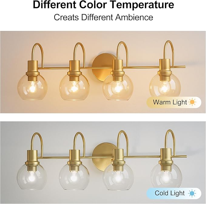4-Light Gold Bathroom Vanity Light, 28" Modern Brushed Gold Wall Sconce with Clear Glass Shades, Bathroom Light Fixtures Over Mirror Lighting for Bedroom, Hallway,Easy Installation