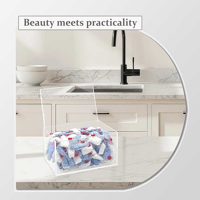 Bigfety Dishwasher Pod Holder Acrylic with Hinged Lid, Modern Style Dishwasher Cleaner Tablets Container Box for Detergent, Clear