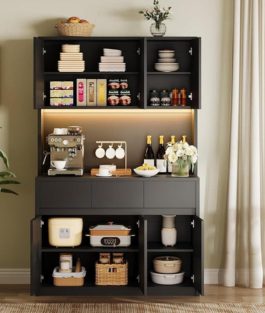 71" Tall Kitchen Pantry Cabinet, Adjustable Shelves & Doors and Three Drawers, Microwave Shelf, Coffee Bar with LED Lights & Charging Station, Corner Storage Hutch for Living Room, Black