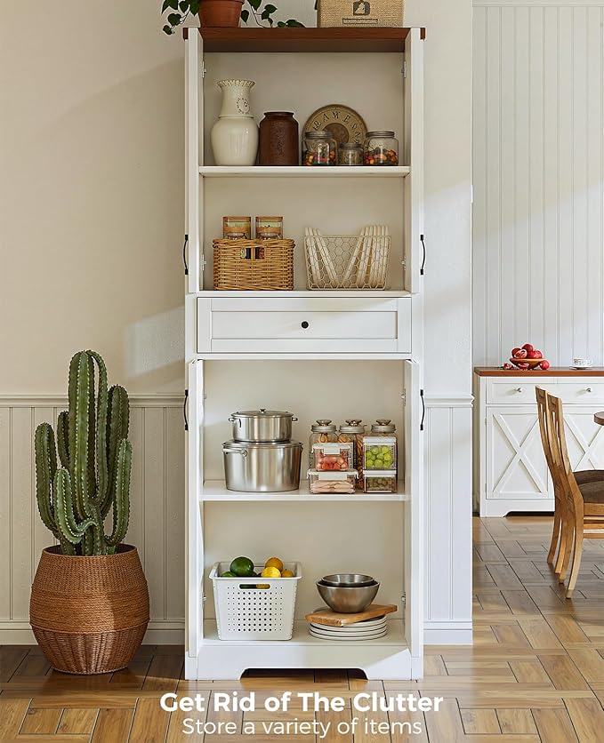 Lyromix 68'' Farmhouse Kitchen Pantry Cabinet with Adjustable Shelves, Tall Storage Cabinet with Barn Doors, Freestanding Versatile Cupboard for Dining Room, White+Walnut