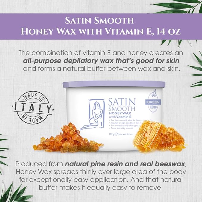 Satin Smooth Honey Wax with Vitamin E, Hair Removal Wax for Sensitive Skin, Full Body Waxing, Ideal for Coarse and Medium Hair, 14oz