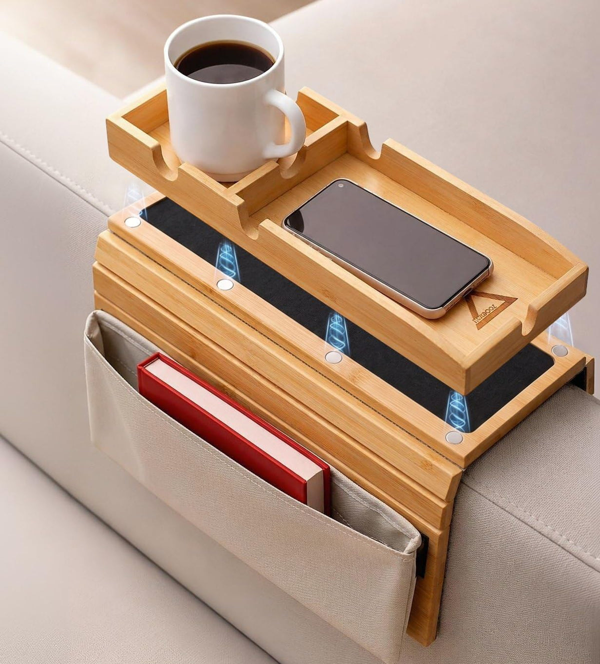 Bamboo Sofa Arm Tray with Strong Magnets – Stable Wood - Image 1
