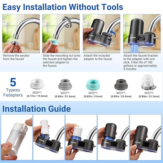 Faucet Water Filter for Sink, with LED Display Water Filter, Turbine-Powered UV Sterilization, Reduces Chlorine, Limescale, Heavy Metals, and Odors with 2 Replacement Filter