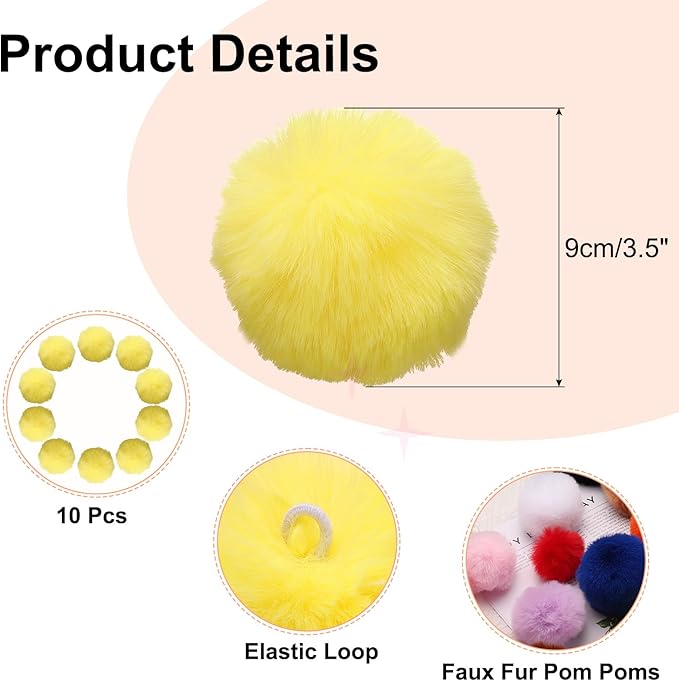uxcell 3.5 Inch Faux Fur Pom Pom Balls, 10 Pcs Yellow Fluffy Soft Faux Fur Pom Poms for Hats with Elastic Loop for DIY Knitting Hats Keychain Scarves Gloves Bags Shoes Accessories