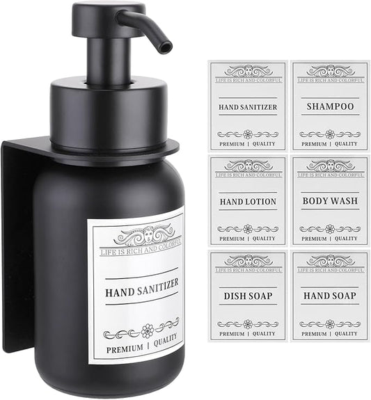 Black Glass Soap Dispenser Wall Mount for Bathroom with Pump and Drill-Free Holders - 8.5 Oz Hand Soap Dispenser, Shower Dispenser with Waterproof Labels