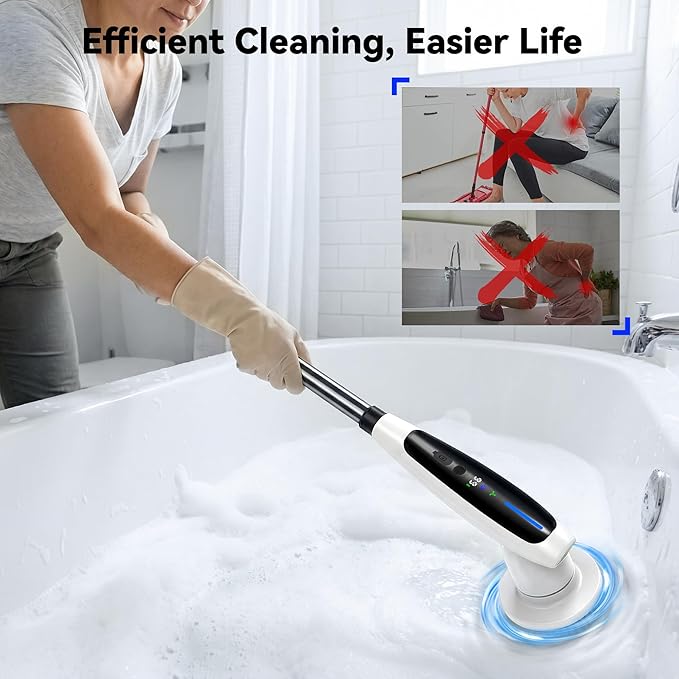 Electric Spin Scrubber, Cleaning Brush with 8 Brush Heads - Dual Speed IPX7 Waterproof Power Scrubber for Heavy-Duty Bathtub, Glass, Tile, and Car Cleaning Brush (White)