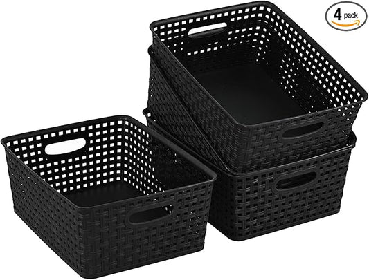 Plastic Storage Baskets, 4 Pack, Gray, Durable, Easy to Use, 11.49" x 8.89" x 4.52", Multi-Purpose, Ideal for Closets, Cabinets, Shelves, Countertops