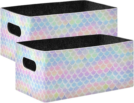 Kcldeci Mermaid Scale Rainbow Bins - Foldable Organizing Baskets for Shelves & Closet - Pink Purple Fish Tale Sturdy Baskets - Nursery Toy Storage