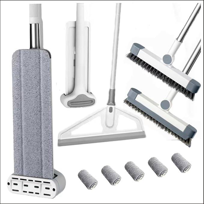 Hands-Free Self Wringing Cleaning Flat Mop - Microfiber with 6 x Washable Pads,,Floor Scrub Brush，Floor Squeegee (1 Mop+6 Microfiber Pads +1 Brush+1 Glass Wiper)