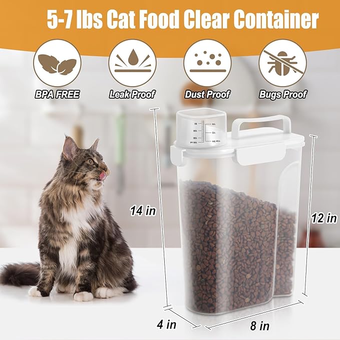 5-7LBS Upgraded Large Nozzle Cat Dog Food Storage Container BPA-free, Airtight Pet Food Storage Bin with 4 Lock Buckles, Sealing Gasket, Cup for Pet Food, Dog Treats, Rice, Flour, Dry-White