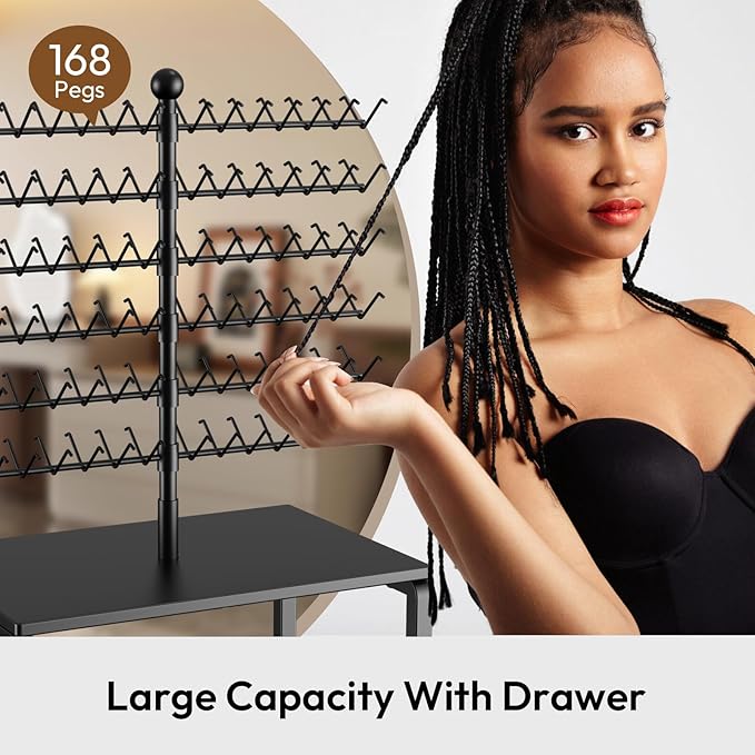 Portable Braiding Hair Rack with Wheels & Storage Drawers,168 Pegs Hair Extension Holder Hanger for Braiding Hair Separator Stand Display,Hair Rack with Stylist Hair braiding Tools(Black)