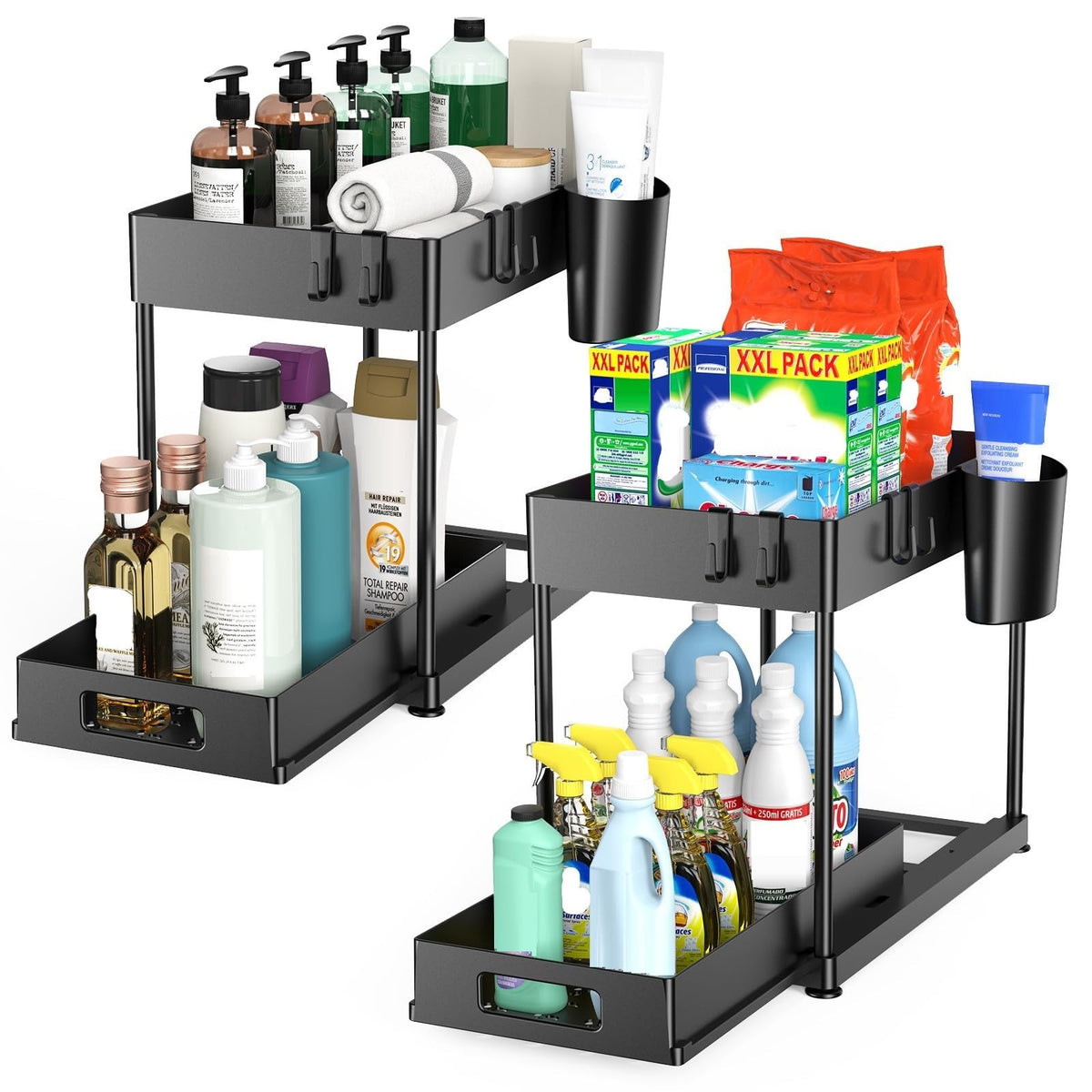 2 Pack Under Sink Organizer with Pull-Out Drawer, Black - Image 1