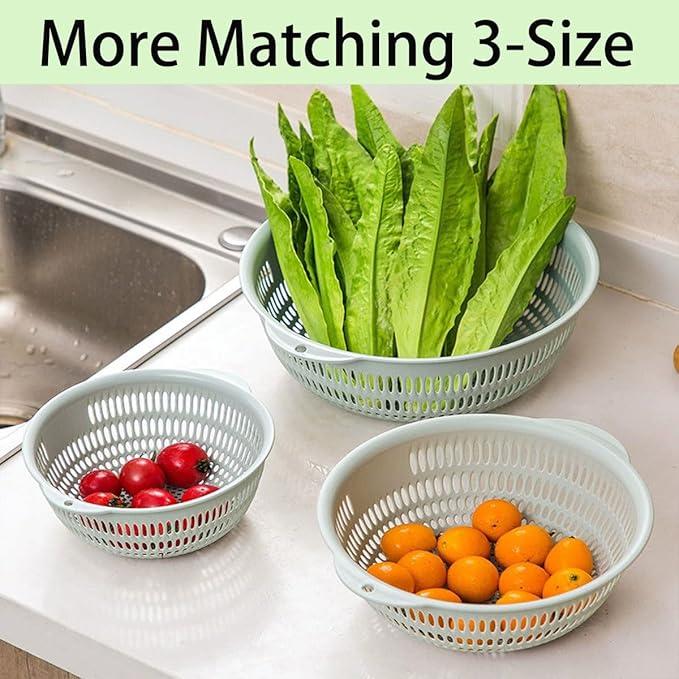 3 pcs Plastic Wash Basket Round Perforated Colander Wash Vegetables and Fruits Drain Cooked Pasta Kitchen Essentials Food Strainer Basket Strainer Kitchen Blue Yellow green red (3PCS-Green)