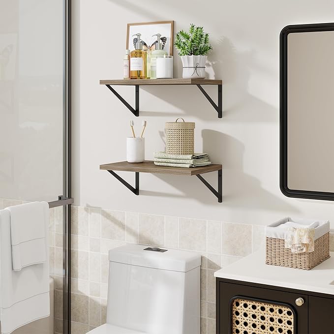 Floating Shelves for Wall,18" Wall Mounted Shelves Set of 2,Wood Floating Shelf with Bracket,Sturdy Metal Bracket Bookshelves Home Decor Storage for Living Room,Bedroom,Bathroom,Kitchen,Grey