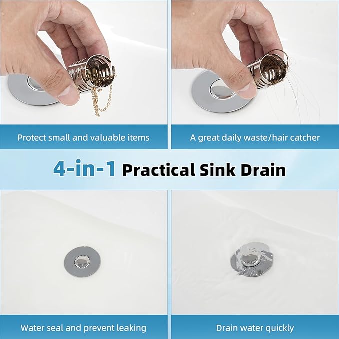 Upgraded Bathroom Sink Drain Strainer Hair Catcher 2PCS Universal 3 in 1 Pop-up Sink Stopper, Fit for Standard 1.1''~2.36'' Basin Hole, with Detachable Stainless Steel Filter Basket, Chrome