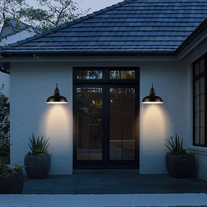 Dusk to Dawn Barn Light Outdoor, 20 Inch Dome Exterior Light Fixture Outside for House, Farmhouse Outdoor Wall Mount Light in Black Finish for Porch, Entryway, Garage, DDRZ015 BK-2PACK