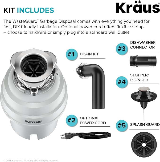 KRAUS WasteGuard 1 HP Continuous Feed Garbage Disposal with Ultra-Quiet Motor for Kitchen Sink with Power Cord and Flange Included, KWD201-100MCG