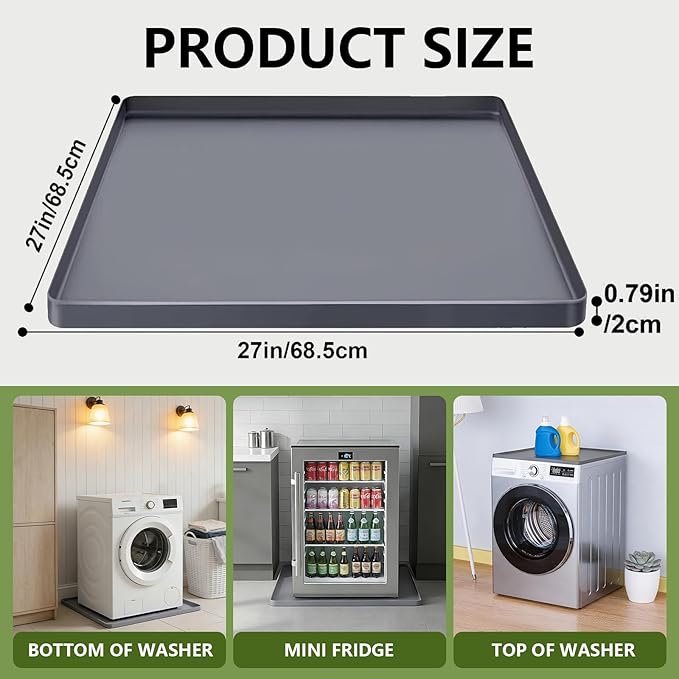 27×27×0.79inch Washing Machine Pan, With Raised Edge Washer Drip Tray, Drain Pan Silicone Mat, Foldable Portable Anti-Vibration Non-Slip Waterproof Pad, Smooth Surface (Grey)