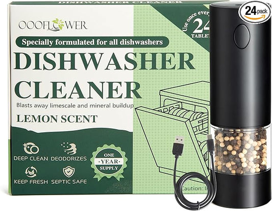 24PCS Dishwasher Cleaner and Deodorizer Tablets with Electric Pepper Grinder, Deep Cleaning Formula Tablets for Removing Limescale, Odor, Smell, Hard Water Residue(Lemon-Scented)