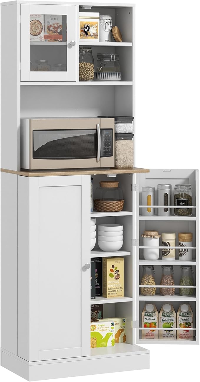 HOMCOM 67" Kitchen Pantry Cabinet with Microwave Shelf, Adjustable Shelves & 8 Door Storage, Modern Compact Kitchen Hutch, Freestanding Food Storage Cabinet with Glass Door for Dining Room, White