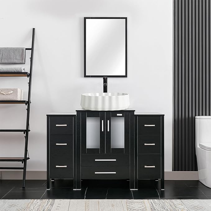 eclife 48" Modern Bathroom Vanity Sink Combo Freestanding Cabinet with Small Side Cabinet, White Shell Ceramic Vessel Sink, Water Save Faucet, Drain (Black+T54)