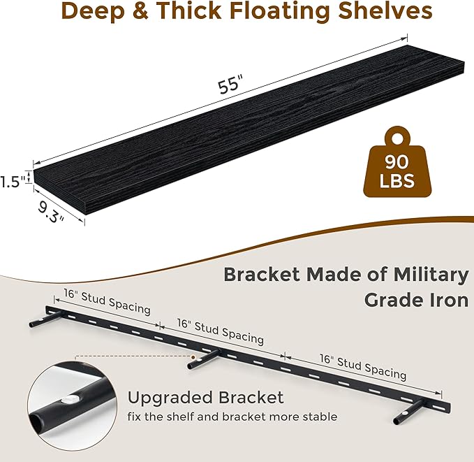 Fun Memories 55 Inch Floating Shelves for Wall Set of 2, 55x9.3 Large Floating Shelf for Bedroom, Kitchen, Bathroom, Wall Mounted Rustic Wood Shelves with Invisible Bracket for Books, Decor, Black