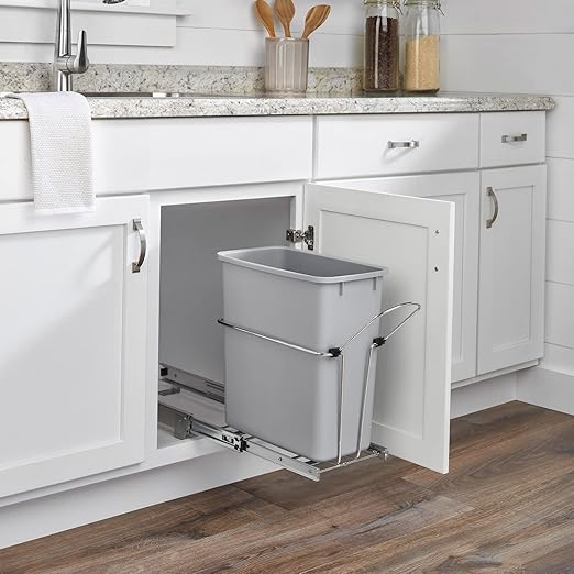 Rev-A-Shelf 20 Quart Pullout Kitchen Cabinet Metal Wire Sliding Universal Trash Can with Rear Basket for Waste Disposal and Organization RUKD-1420RB-1