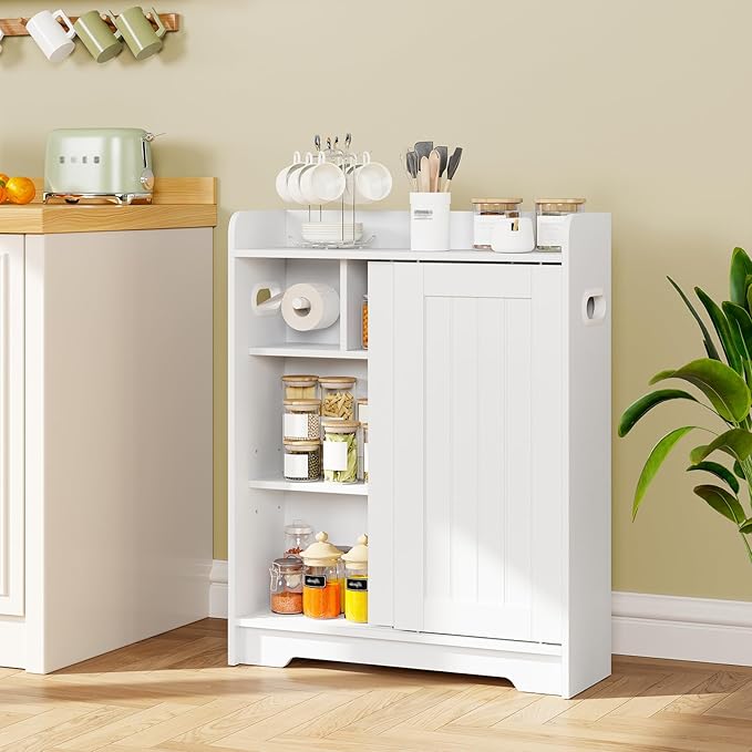 Bathroom Floor Cabinets, Slim Bathroom Storage Cabinet with Sliding Door, Ideal for Toilet Paper Holder, Adjustable Shelves, Next to Toilet Solid Cabinet for Bathroom,Kitchen,White