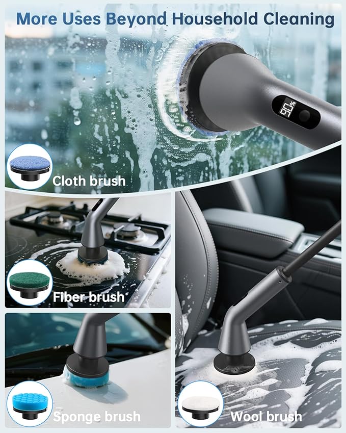 VICNOVA Electric Spin Scrubber, IPX7 Waterproof 2-Speed, Extendable Long Handle Cordless Cleaning Brush with 7 Replacement Brush Heads for Bathroom Car Shower Bathtub Glass Tub Tile Floor