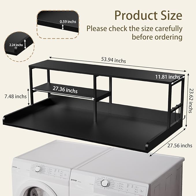 Washer and Dryer Countertop with Shelf, 2-Tier 54" x 27.5" Wood Laundry Countertop, Washer Dryer Topper with High Edge Rails and Hooks, Non-Slip Pads, Waterproof & Heat Resistant Top (Black)