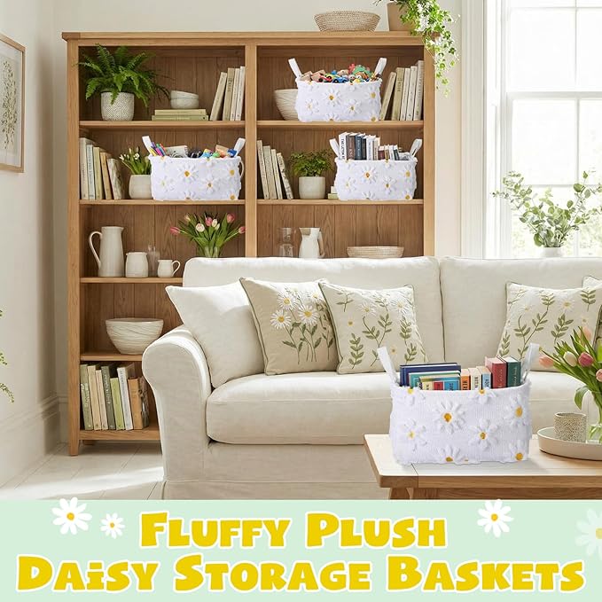 2 Pcs White Daisy Storage Baskets 14x10 Inch Easter Gift Basket Spring Floral Laundry Foldable Fluffy Plush Storage Bin with Handle Decorative Closet Organizer for Home Office Car
