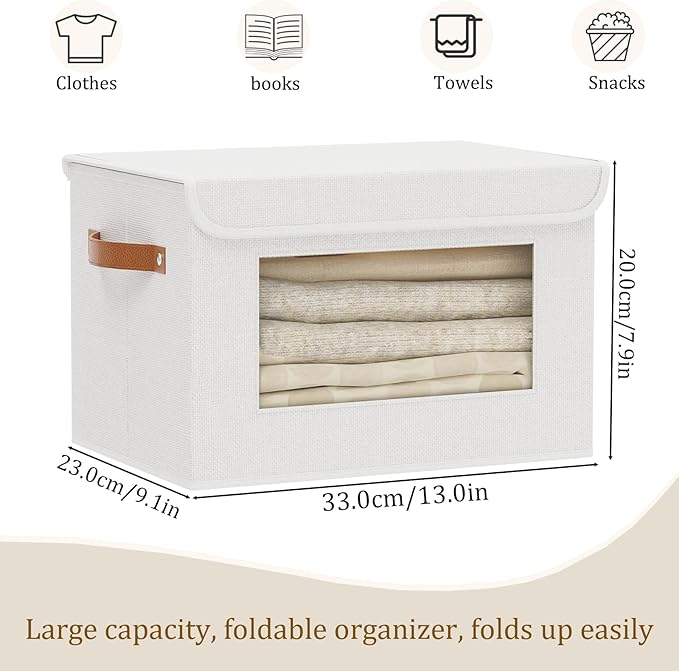 Fabric Storage Basket with Lid, 13 x 9.1 x 7.9 Inch Storage Box for Shelves with Handles, Decorative Linen Closet Organizer, White, 1-Pack