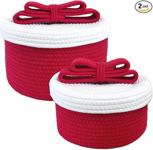 Small Storage Baskets with Lids, Round Woven Rope Basket with Lid; Cute Storage Box for Toy, Gift or Home Decor; Small Decorative Bin with Chic Bow Handle Design (Red)