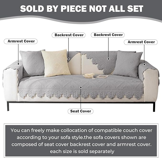 Cotton Quilted Dog Couch Cover for Sofa Farmhouse Rustic Embroidery Sectional Couch Cover Soft Anti-Slip Sofa Slipcover Furniture Protector for Kids, Pets (Grey,28"x28")