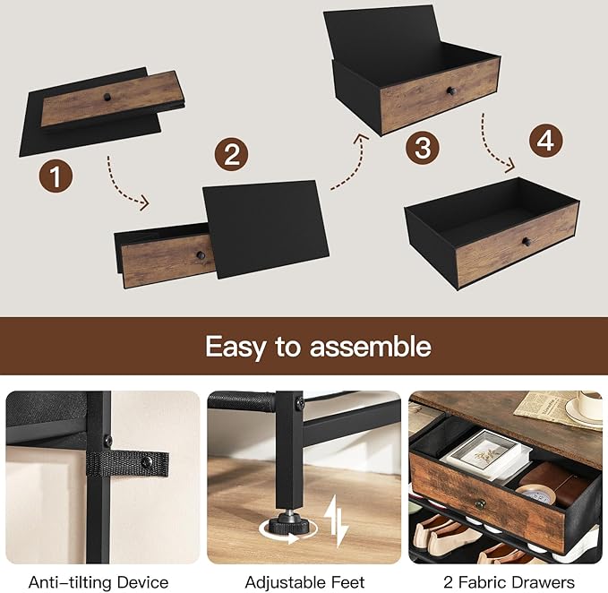 usikey Shoe Rack, 4 Tier Shoe Storage Organizer with 2 Drawers, Metal Shoe Shelf for 12-15 Pairs of Shoes, with 3 Oxford Fabric Shelves and Wooden Top, Shoe Stand for Entryway, Rustic Brown UNYXJX008F