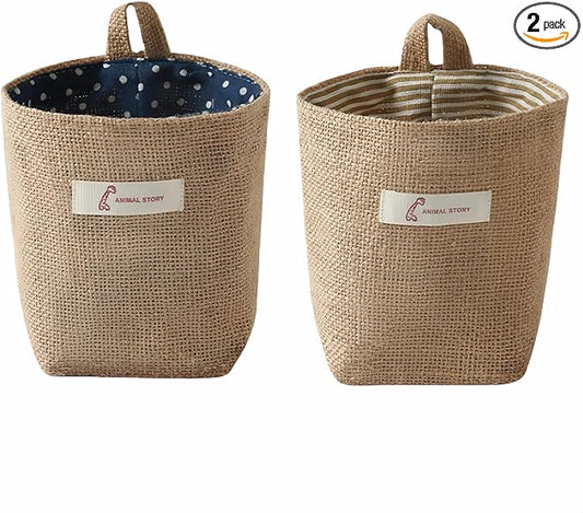 Washable Cotton Linen Hanging Organizer Bag for Door Wall Bedside | Washable Storage Pockets | Space Saving ，Reusable Closet Organizer (2Pack) (Deep blue dots+yellow stripes)