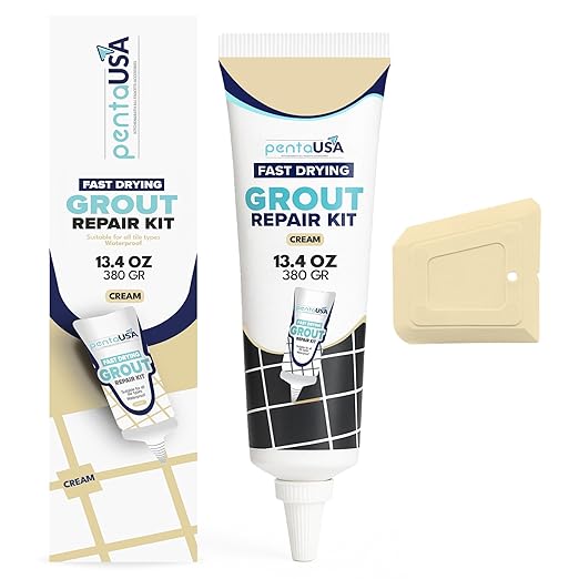 Tile Grout Repair Kit - Cream/Ivory - Premixed Acrylic Sanded Grout, Waterproof Formula, Bathroom & Shower Grout Repair, with Plastic Applicator, 13.4 oz / 380 g / 0.84 lb