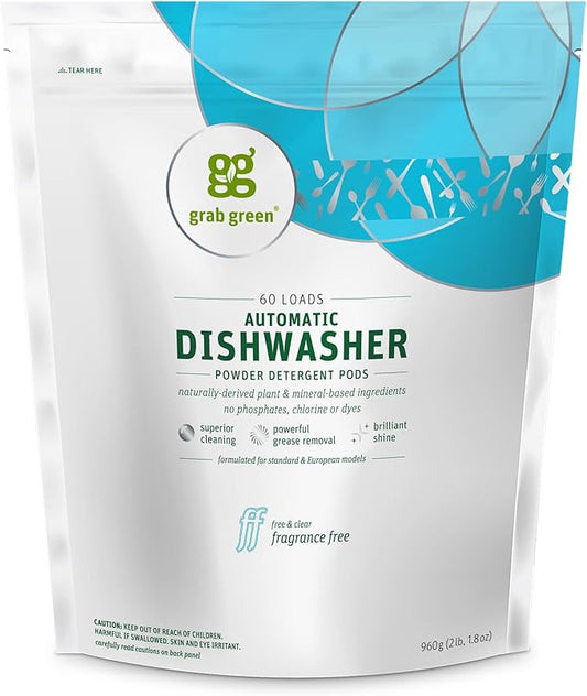 Grab Green Natural Dishwasher Detergent Pods, Free & Clear/Unscented, 60 Count, Fragrance Free, Organic Enzyme-Powered, Plant & Mineral-Based