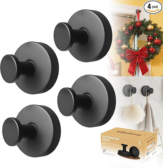 4Pcs Suction Cup Hooks, Suction Cup Hooks for Shower,Removable Towel Hooks for Bathroom Window Glass Door Wall, Bath Robe Looafh Wreath Hook for Hanging (Black)