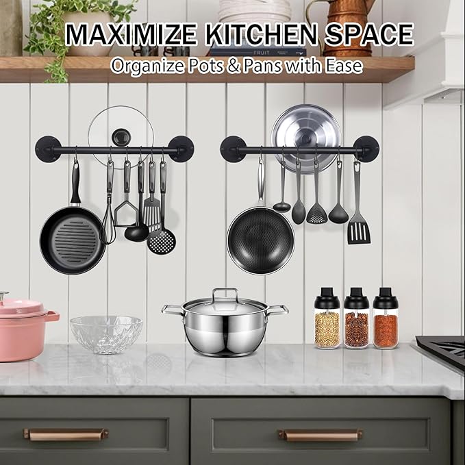 Aduanbang 21'' Wall Mounted Pot & Pan Rack (Set of 2) – Industrial Iron Pipe Kitchen Hanging Rail with 10 S Hooks for Utensils, Pots, and Pans Organization