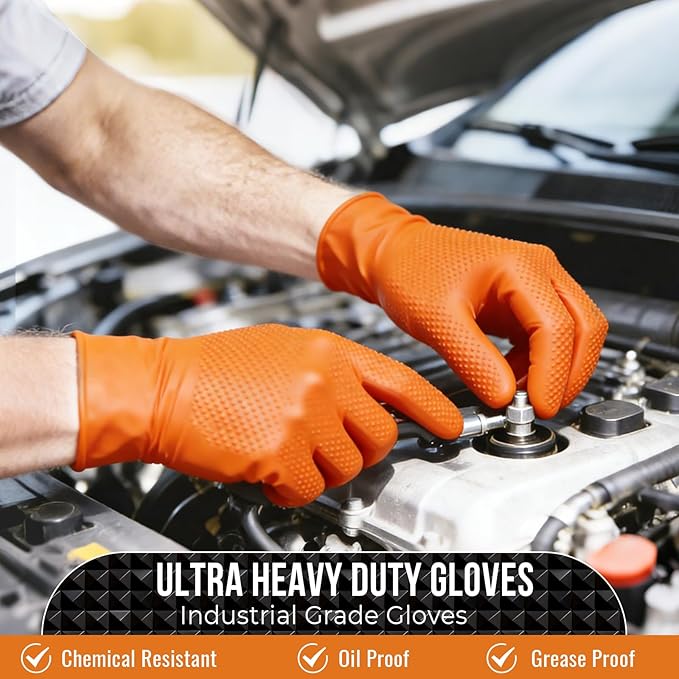10 Mil Nitrile Disposable Gloves Heavy Duty Mechanic Gloves Raised Diamond Texture Thick (Orange of 1000,X-Large)