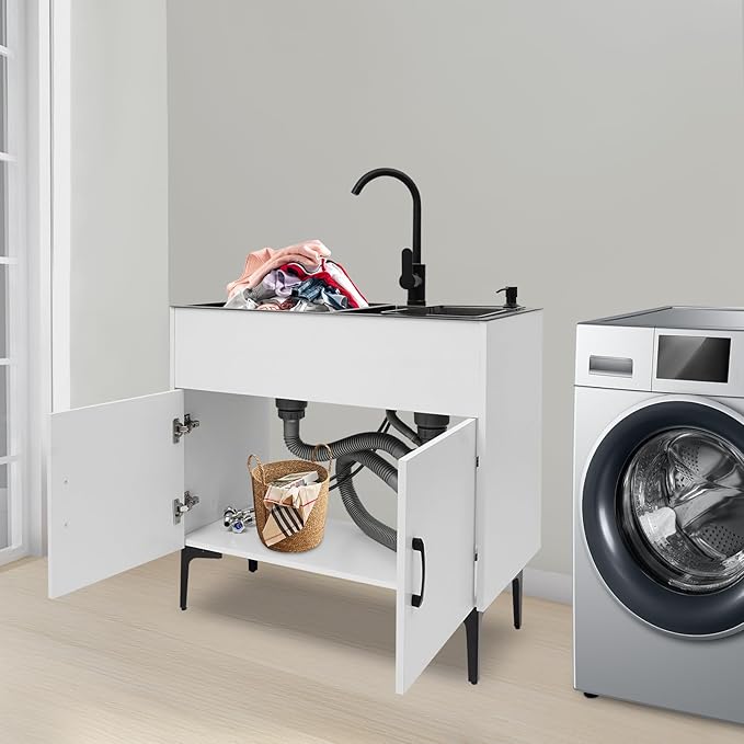Laundry Room Double-bowl Sink Cabinet, Utility Sink Cabinet with Cold & Hot Faucet Freestanding, Bathroom Kitchen Stainless Steel Laundry Sink 31.89x16.93x30.71in(White)