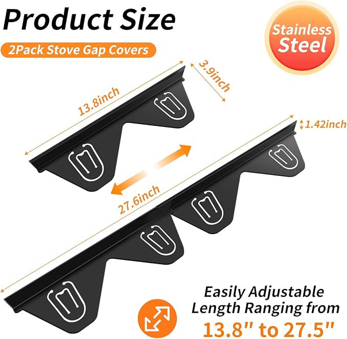 Stainless Steel Stove Gap Covers (2 Pack), Stove Gap Filler and Silicone Stove Top Shelf 30 Inch Magnetic (1 Pack), Easy Clean Heat Resistant Kitchen Bundle