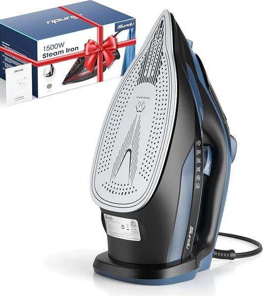 Steam Iron for Clothes 12s Fast Heat-up, 1500W Iron with 13.21oz Water Tank, 3-Way Auto shutoff, Burst Steam, Spray Mist, Anti-Drip, Self-Cleaning, Vertical Ironing for Home