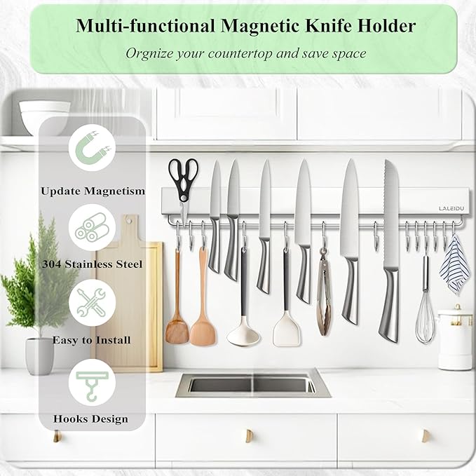 Magnetic Knife Holder for wall, 23 Inch Knife Magnetic Strip with 15 Hooks, Stainless Steel Knife Holder Magnet Rack for Kitchen Organizer, Mount with Adhesive or Screws