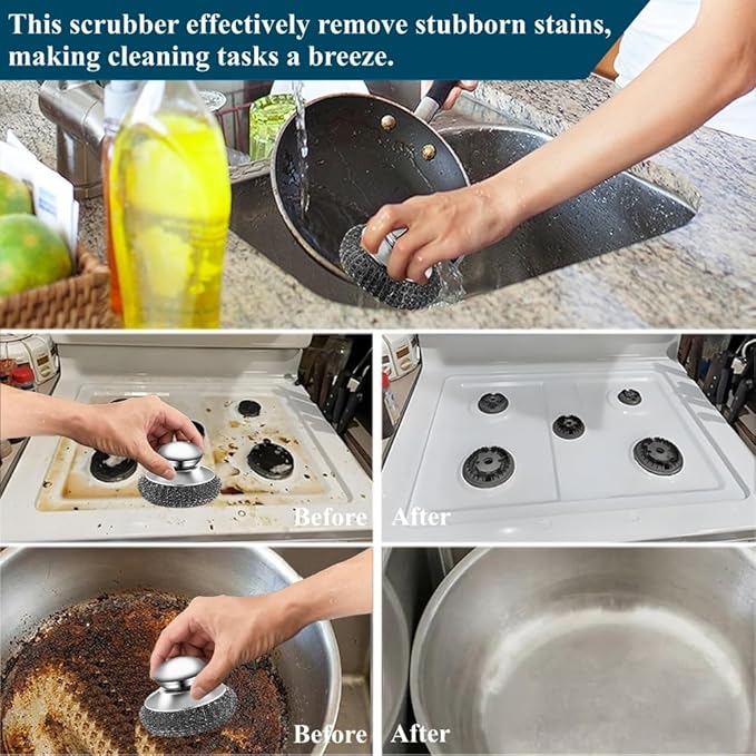 7Pcs Steel Wool Scrubber with Handle - Stainless Steel Scrub Brush Set for Scouring Stubborn Messes from Cast Iron, Pots, Pans, Grill, Stoves, Sink (2 Scrubber + 4 Pads + 1 Screwdriver)