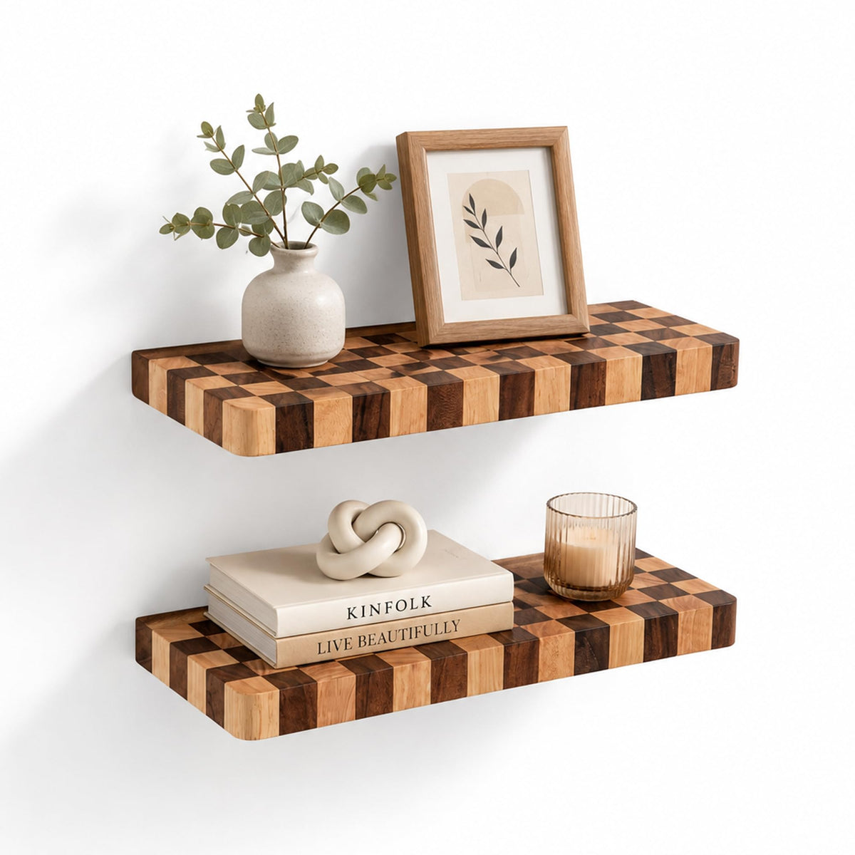 Floating Shelves for Wall, 16 Inch Solid Wood Checkered Wall - Image 1
