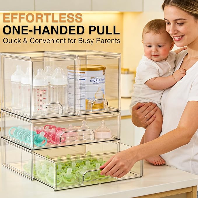 TOOGE Stackable Baby Bottle Organizer: Acrylic Bottle Organizer Baby Storage Drawers Clear Bottle Station Organization for Countertop Cabinet Vanity with 4 in 1 Cup Lid Cleaning Brush & Label - Wide