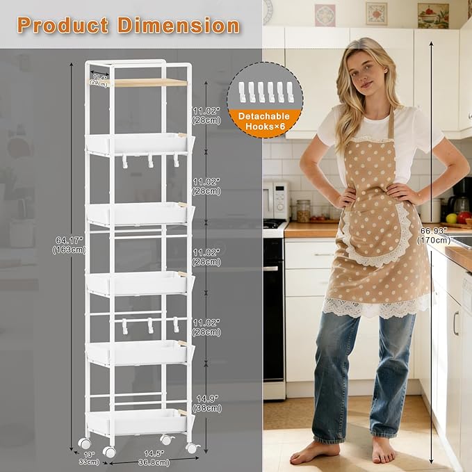6 Tier Storage Cart with Pull-Out Baskets Rolling Storage Cart with Wheels Wood Top Organizer Rolling Utility Cart for Pantry Laundry Room Bathroom Kitchen White 14.5”D x 13”W x 64.1”H